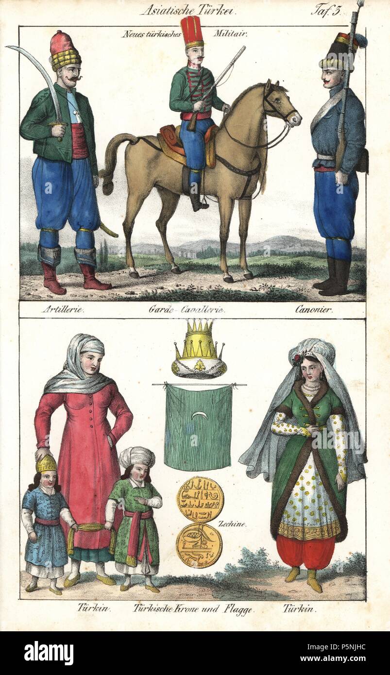 Uniforms of the new Turkish army above (cavalry, artillery man with