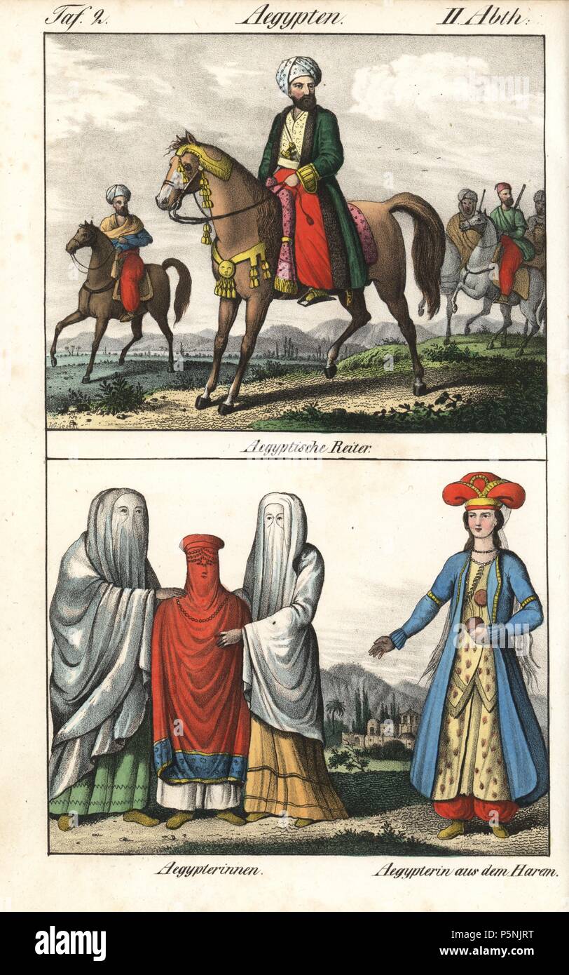 Egyptian riders wearing turbans robes, Egyptian women and a girl in and a woman from a harem in elaborate headdress and coat over embroidered harem pants. Handcoloured lithograph