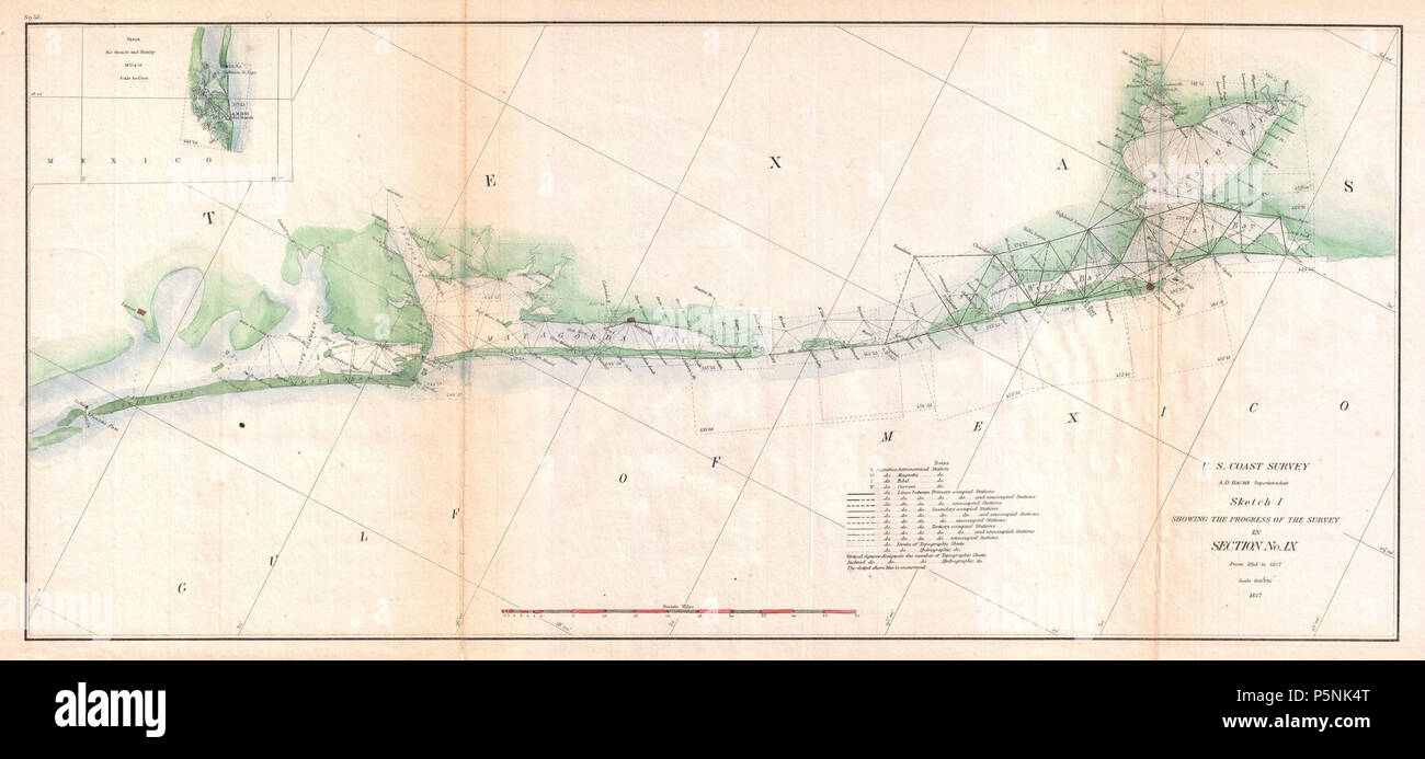 1857 U S Coast Survey Triangulation - 1857 Us Coast Survey Triangulation Map Of Matagorda Bay To Galveston Bay Texas Geographicus Galvestonmatagorda Uscs 1857 P5NK4T