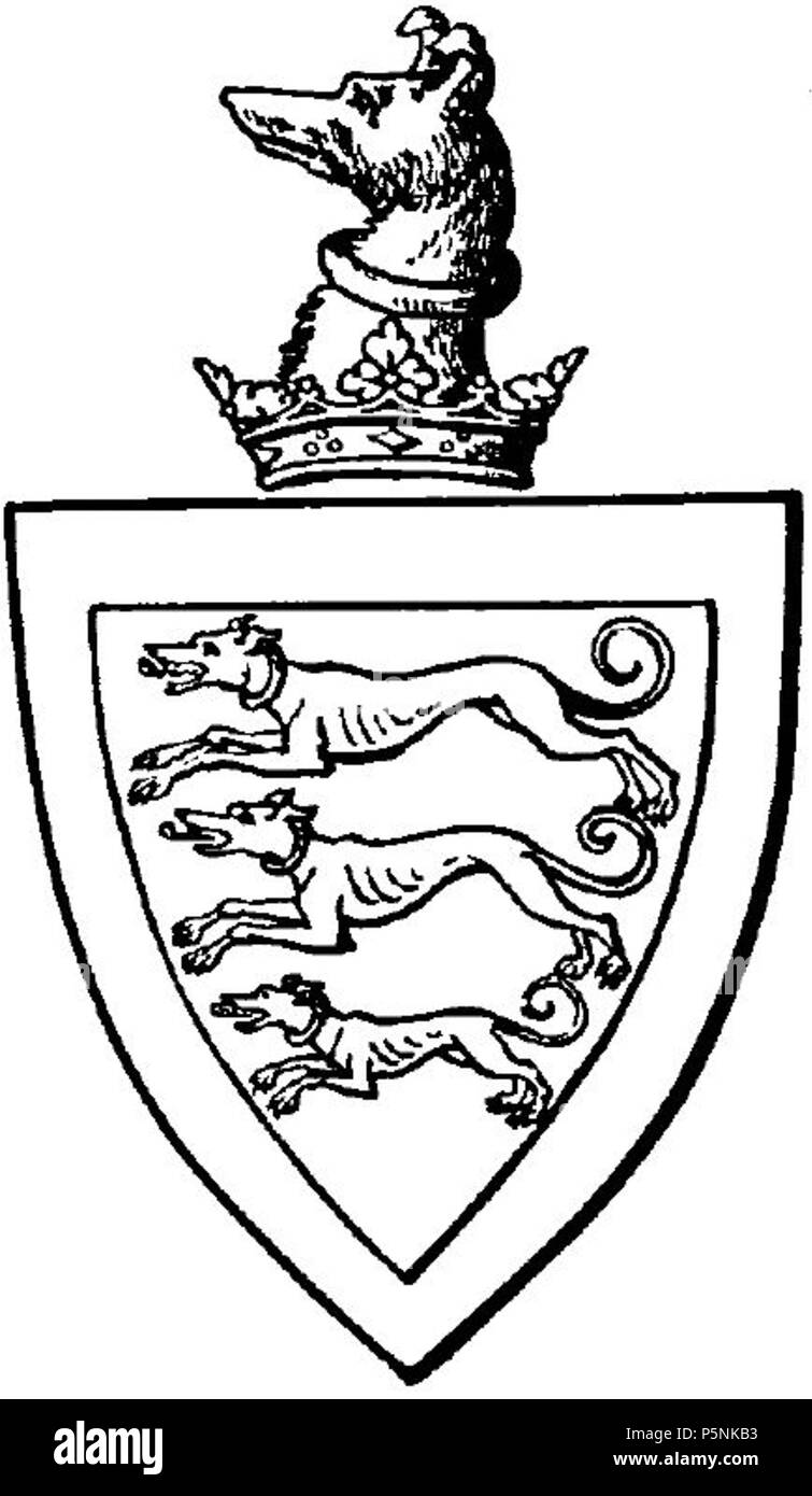 N/A. English: Berington of Bradwall coat of arms, described as 'Sable, three greyhounds courant in pale Argent, collared Gules, within a bordure of the second. Crest: A greyhound's head Argent issuant from a ducal coronet Or, gorged with a collar Gules'. (Earwaker, 1890) . 28 November 2011 (original upload date). John Parsons Earwaker (1847–1895) Iantresman at en. 191 Berington of moorbarrow and bradwall arms Stock Photo