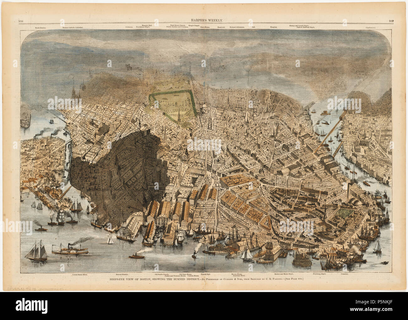 N/A. English: Bird's-eye view of Boston, showing the burned district . 1872. Parsons, Charles R. (Charles Richard) 205 Bird's-eye view of Boston, showing the burned district 01 Stock Photo