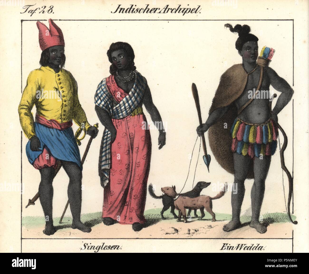 Costumes of the natives of Ceylon (Sri Lanka): Sinhalese man with sword and cane, and indigenous Vedda man with feather skirt, bow and arrows, fur cape, and two dogs on leashes. Handcoloured lithograph from Friedrich Wilhelm Goedsche's 'Vollstaendige Völkergallerie in getreuen Abbildungen' (Complete Gallery of Peoples in True Pictures), Meissen, circa 1835-1840. Goedsche (1785-1863) was a German writer, bookseller and publisher in Meissen. Many of the illustrations were adapted from Bertuch's 'Bilderbuch fur Kinder' and others. Stock Photo