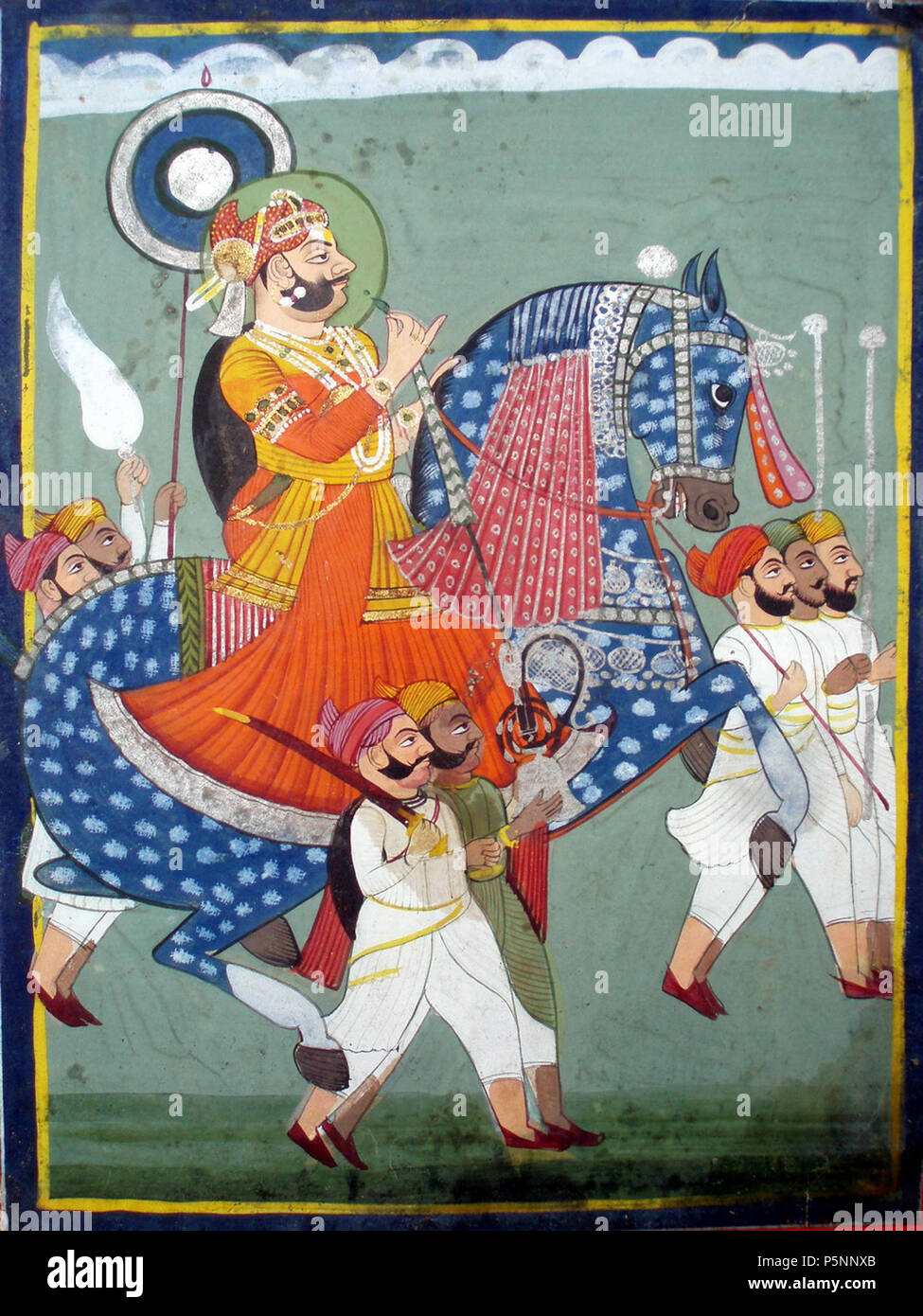 N/A. English: Equestrian portait of Maharaja Man Singh of Jodhpur, from between 1820 to 1840. The Maharaja rides his dappled horse whilst smoking a silver hookah, held by an attendant in the foreground, where another carries a sword. To the front of the horse - between its raised hooves, actually! - are three other attendants, two with silver staffs and one with a spear. To the rear are two more attendants, one with a chauri - fly whisk - the other with a disc-shaped banner with concentric circles of blue and silver. between 1820 and 1840. Unknown 520 Equestrian portait of Maharaja Man Singh o Stock Photo