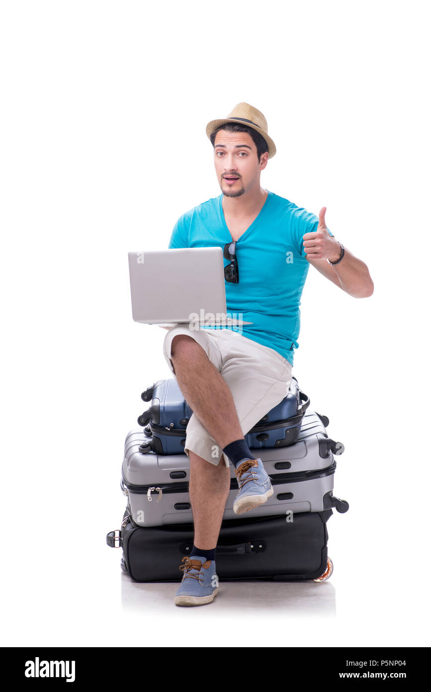 Freelancer working on the go isolated on white Stock Photo