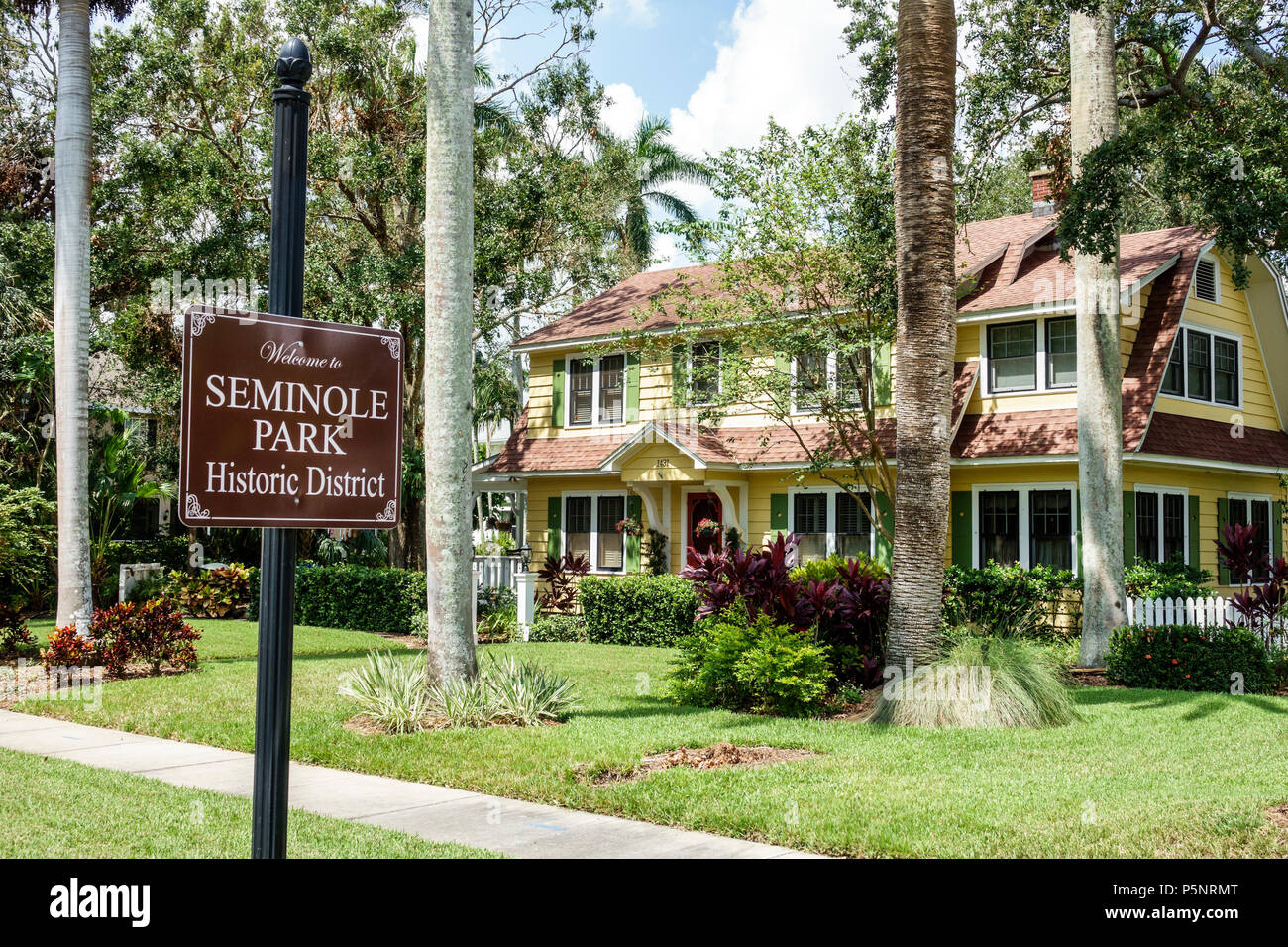 Fort Ft. Myers Florida,Seminole Park Historic District,neighborhood,house home houses homes residence,exterior,front yard,sign,FL170925105 Stock Photo