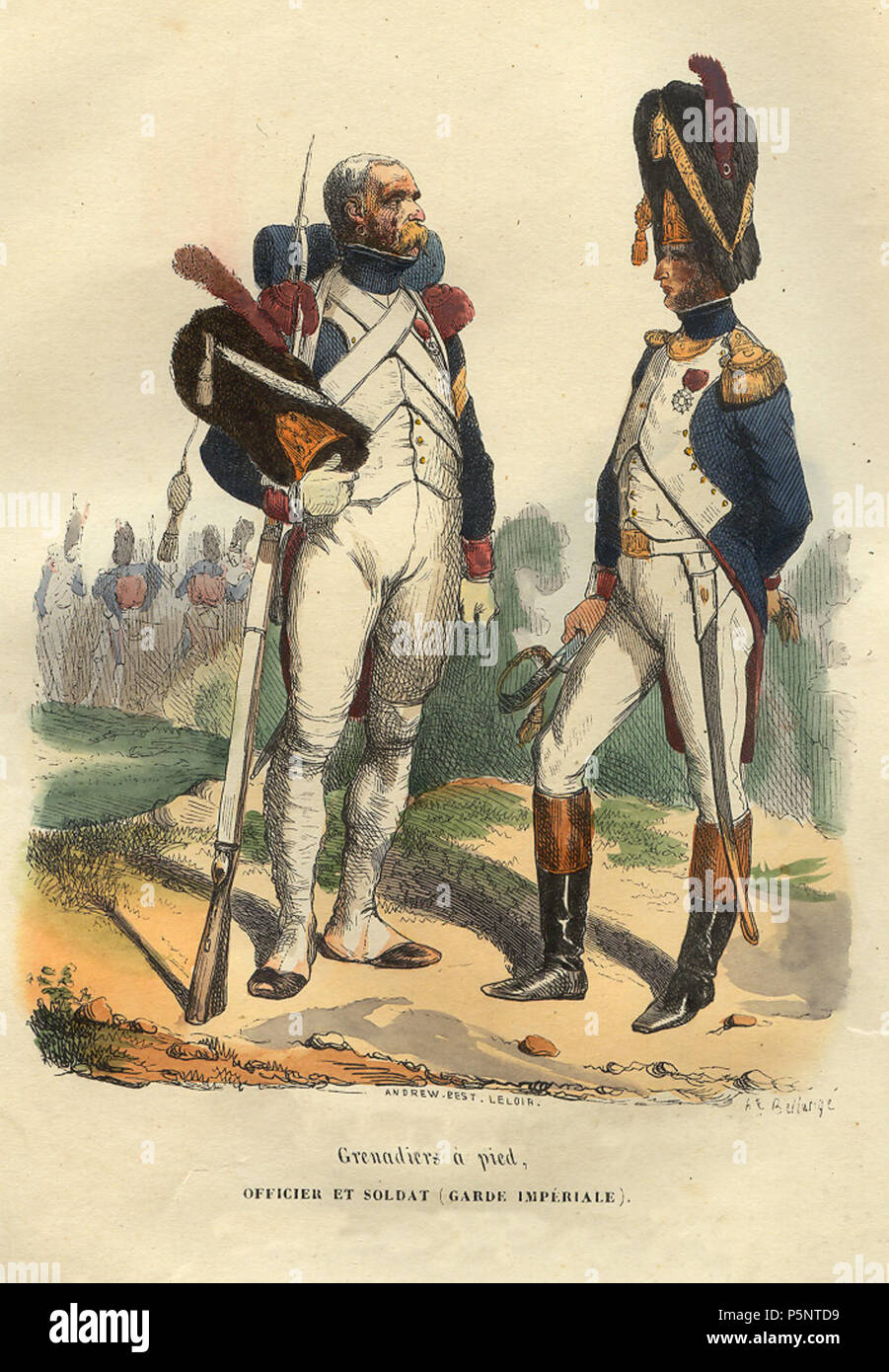 N/A. English: Soldier (left) and Officer (right) of the 1st Guard Grenadier Regiment. .   Hippolyte Bellangé  (1800–1866)     Alternative names Joseph-Louis-Hippolyte Bellangé  Description French painter and lithographer  Date of birth/death 17 January 1800 10 April 1866  Location of birth/death Paris Paris  Work location Paris (1818–1866); Rouen (1837–1854)  Authority control  : Q3136027 VIAF:22241299 ISNI:0000 0001 0837 3002 ULAN:500015839 LCCN:no96041887 Open Library:OL5571730A WorldCat 184 Bellange-Grenadiers-Garde Stock Photo