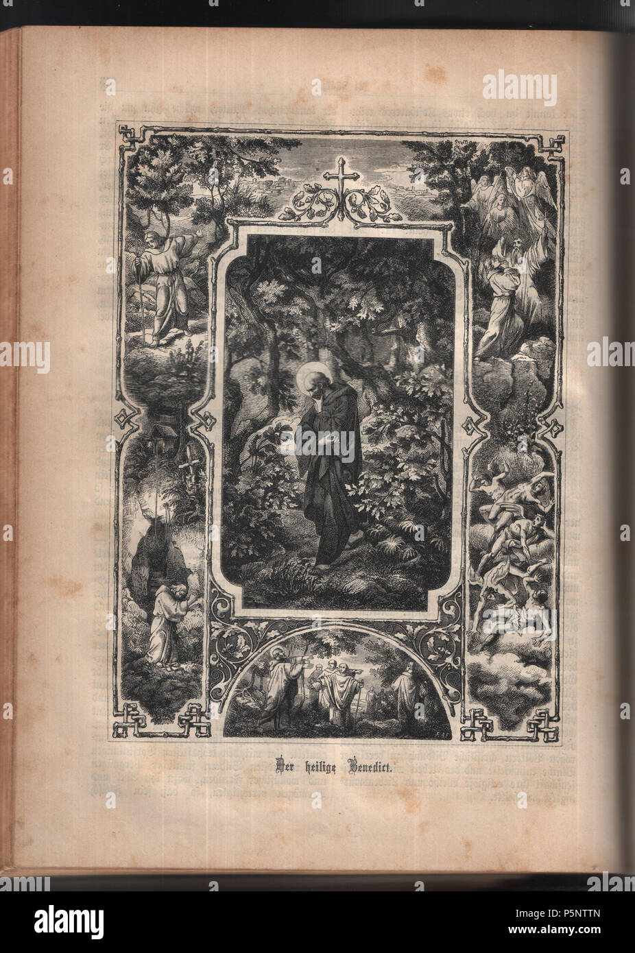 N/A. English: On this picture is Saint Benedict alone and scenes of his life . Einsiedeln 1883 (Second edition). P. Otto Bitschnau (from book of Otto Bitschnau)(I scanned 26. IV. 2012) 186 Benedict Bitschnau 214 Stock Photo