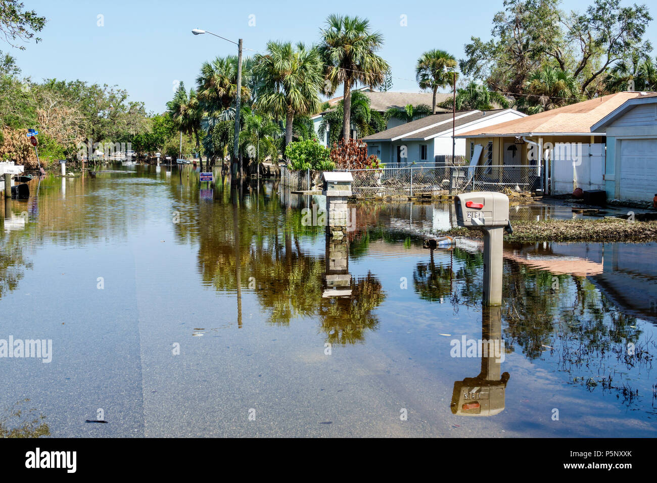 Florida,Bonita Springs,after Hurricane Irma wind rain damage destruction aftermath,flooding,house home houses homes residence,neighborhood,stagnant wa Stock Photo