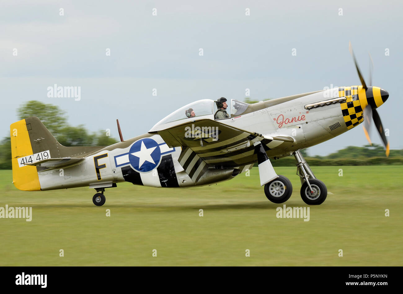 North American P-51D Mustang Janie Second World War plane of Hardwick Warbirds at their base at Hardwick Airfield, Norfolk, UK. Pilot Dave Evans Stock Photo