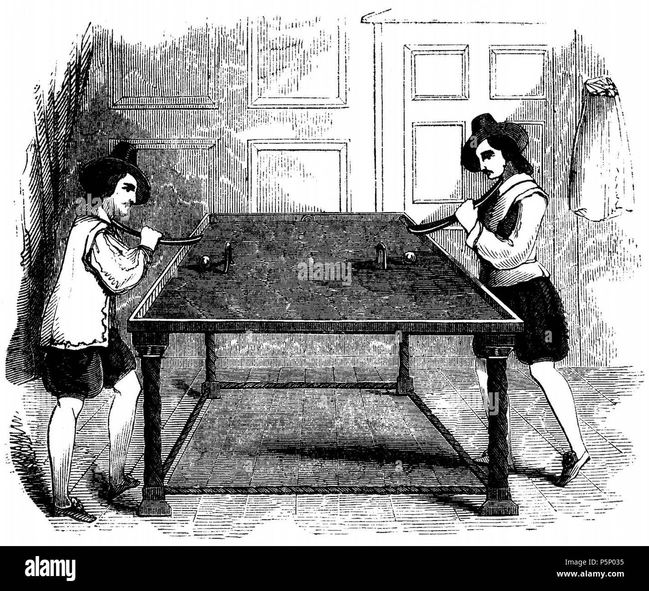 N/A. “We perceive from the engraving of the Billiards of the seventtenth century, that the game was altogether different from what it is now. There were two instead of three balls, and a pair of little arches near the centre of the table, instead of the six “pockets” that are at present to be found attached on its outer edges, namely, one at each of the four corners, and one on each side, at the middle.” . 1710. unknown, from “School of Recreation,” 1710 204 Billiards-q75-1426x1200 Stock Photo