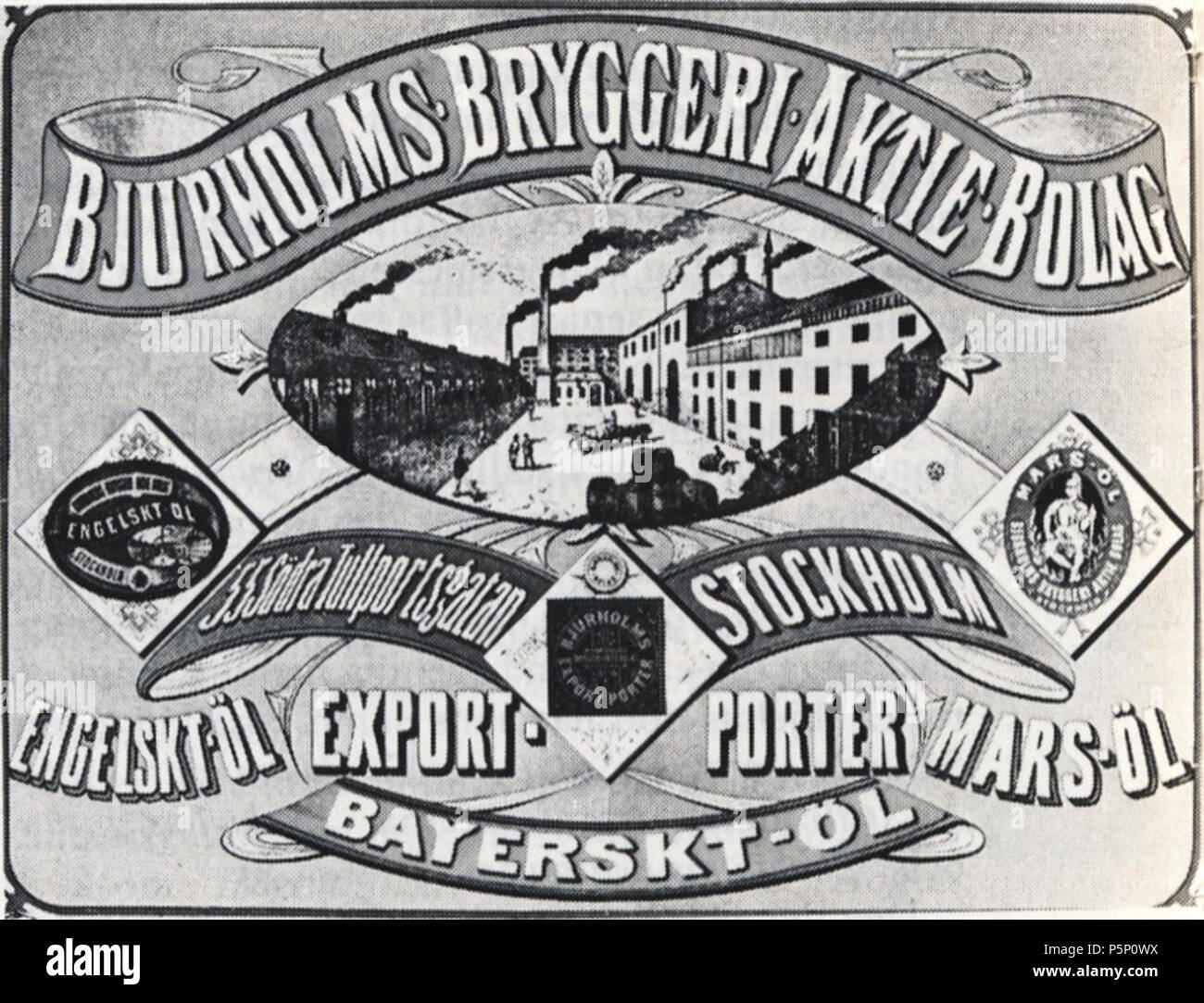 N/A. Svenska: Bjurholms bryggeri på Södermalm i Stockholm, etikett . 1800-talet. Unknown 206 Bjurholms bryggeri etikett Stock Photo