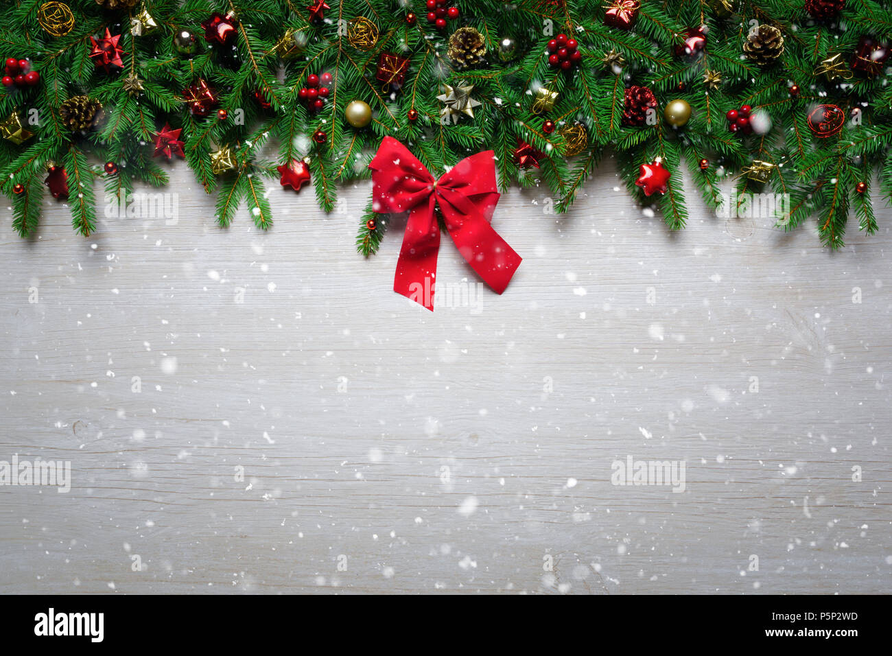 Christmas Border - Fir Branches And Ornament On Wooden Plank With Red ...