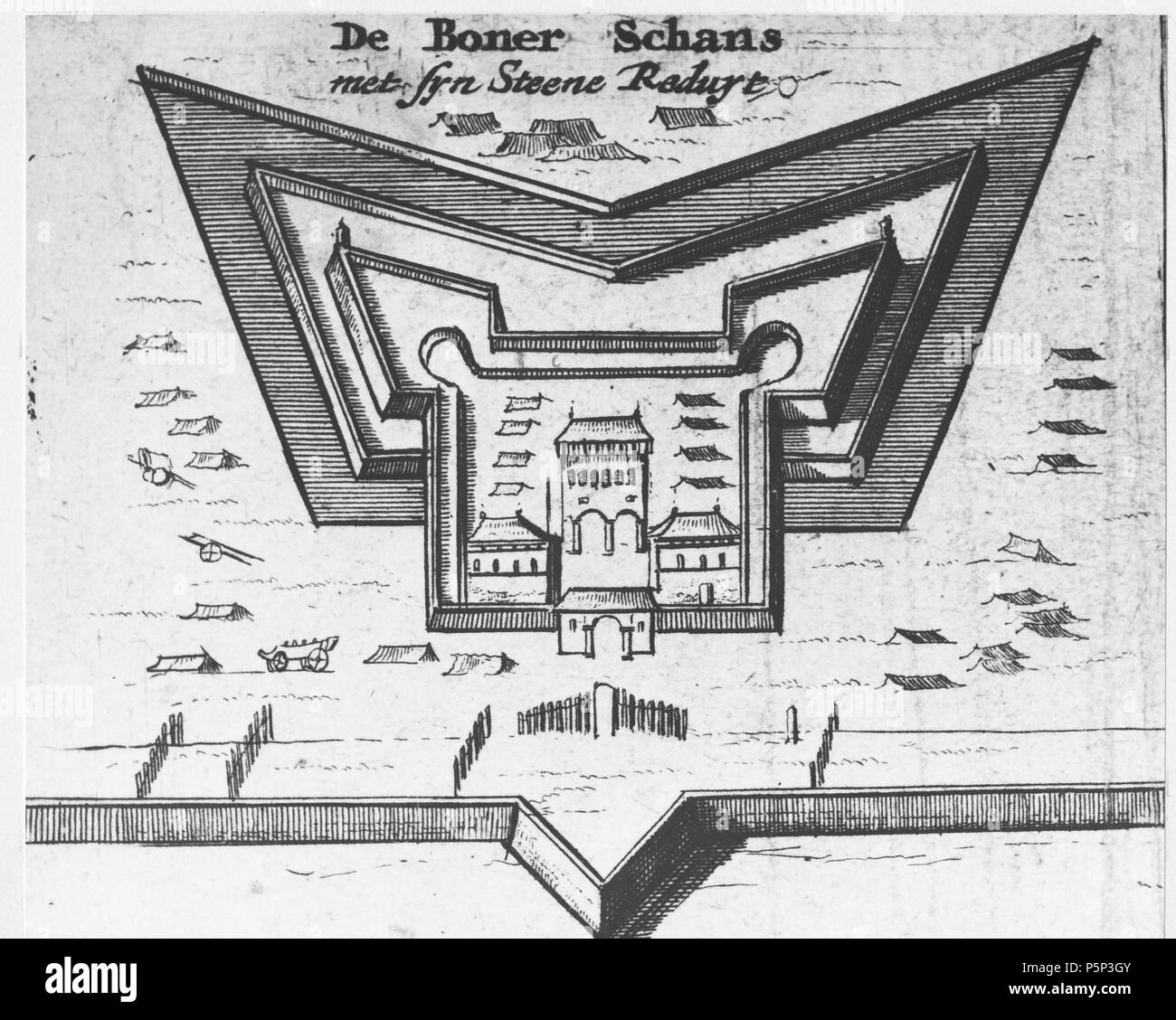 N/A. Nederlands: Plattegrond van de Booneschans op het 'Toneel des Oorlogs' (1675) deel 4 p. 6. 1675. Lambert van den Bosch (1610-1698) 221 Bonerschans met syn steene reduyt Stock Photo