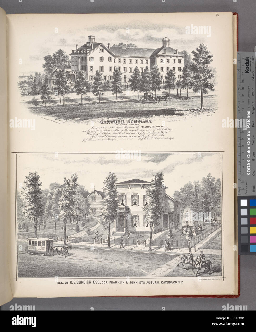 N/A. 'Oakwood Seminary; Res. of O.E. Burdick ESQ., Cor. Franklin and John St's Auburn, Cayuga Co. N.Y.'; Atlases of the United States / New York / County atlas of Cayuga, New York. From recent and actual surveys and records under the superintendence of F. W. Beers. Unknown date. Ferdinand Mayer (c. 1817 - c. 1877) 1 &quot;Oakwood Seminary; Res. of O.E. Burdick ESQ., Cor. Franklin and John St's Auburn, Cayuga Co. N.Y.&quot; NYPL1583065 Stock Photo