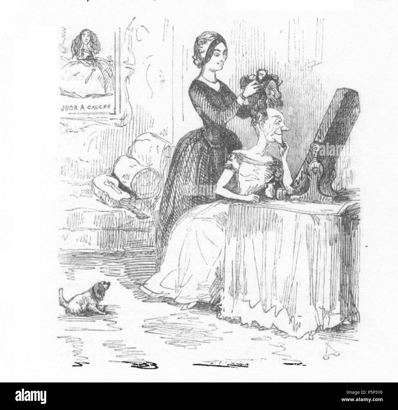 N/A. English: Engraving on wood by W. M. Thackeray himself, for the first edition of The Book of Snobs. Chapter XXXVII : Your French maid has completed the toilette which renders you so beautiful by candlelight. Français : Illustration du chapitre XXXVII 'Club snobs' de l'édition originale du Livre des snobs par l'auteur. Gravure sur bois, page 145. 1848.   William Makepeace Thackeray  (1811–1863)       Alternative names Thackeray; William Thackeray  Description English novelist and illustrator  Date of birth/death 18 July 1811 24 December 1863  Location of birth/death Calcutta London  Authori Stock Photo