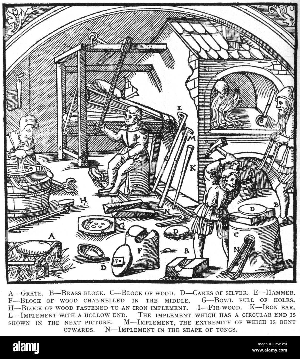 N/A. Woodcut illustration from De re metallica by Georgius Agricola. This is a 300dpi scan from the 1950 Dover edition of the 1913 Hoover translation of the 1556 reference. The Dover edition has slightly smaller size prints than the Hoover (which is a rare book). The woodcuts were recreated for the 1913 printing. Filenames (except for the title page) indicate the chapter (2, 3, 5, etc.) followed by the sequential number of the illustration. 2 May 2005, 06:04:30. TCO (talk) 222 Book10-15 Stock Photo