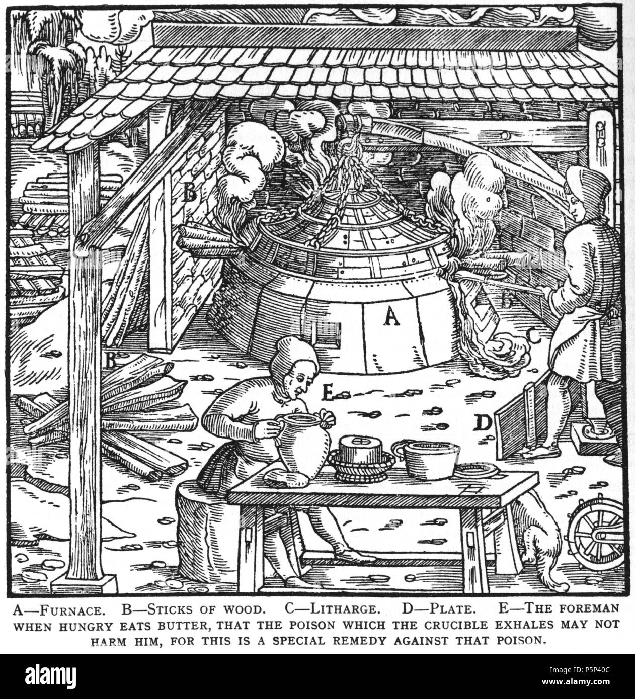 N/A. Woodcut illustration from De re metallica by Georgius Agricola. This is a 300dpi scan from the 1950 Dover edition of the 1913 Hoover translation of the 1556 reference. The Dover edition has slightly smaller size prints than the Hoover (which is a rare book). The woodcuts were recreated for the 1913 printing. Filenames (except for the title page) indicate the chapter (2, 3, 5, etc.) followed by the sequential number of the illustration. 2 May 2005, 06:04:24. TCO (talk) 222 Book10-8 Stock Photo