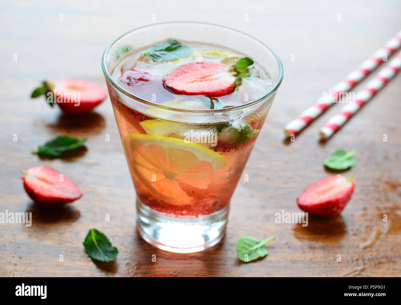 Strawberry and lemon Iced Tea, Cold Drink Stock Photo