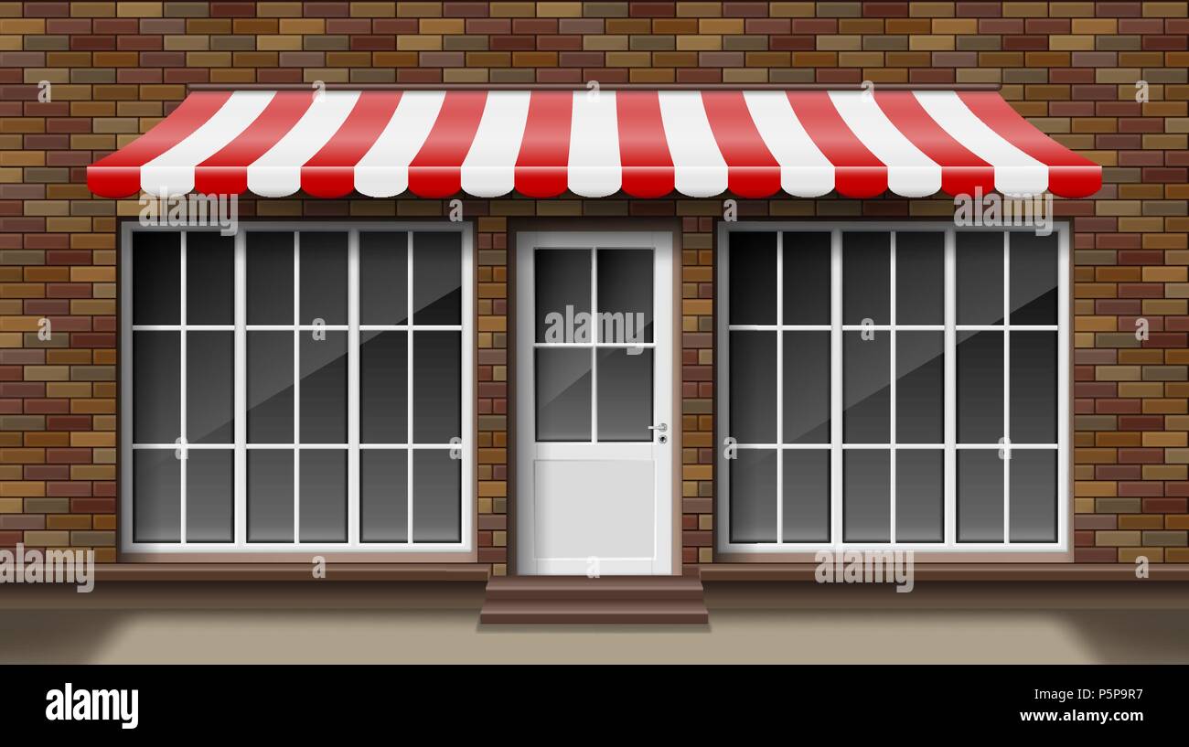 Brick small 3d store front facade Template with awning. Exterior empty shop or boutique with big window. Blank mockup of stylish realistic street shop. Vector illustration Stock Vector