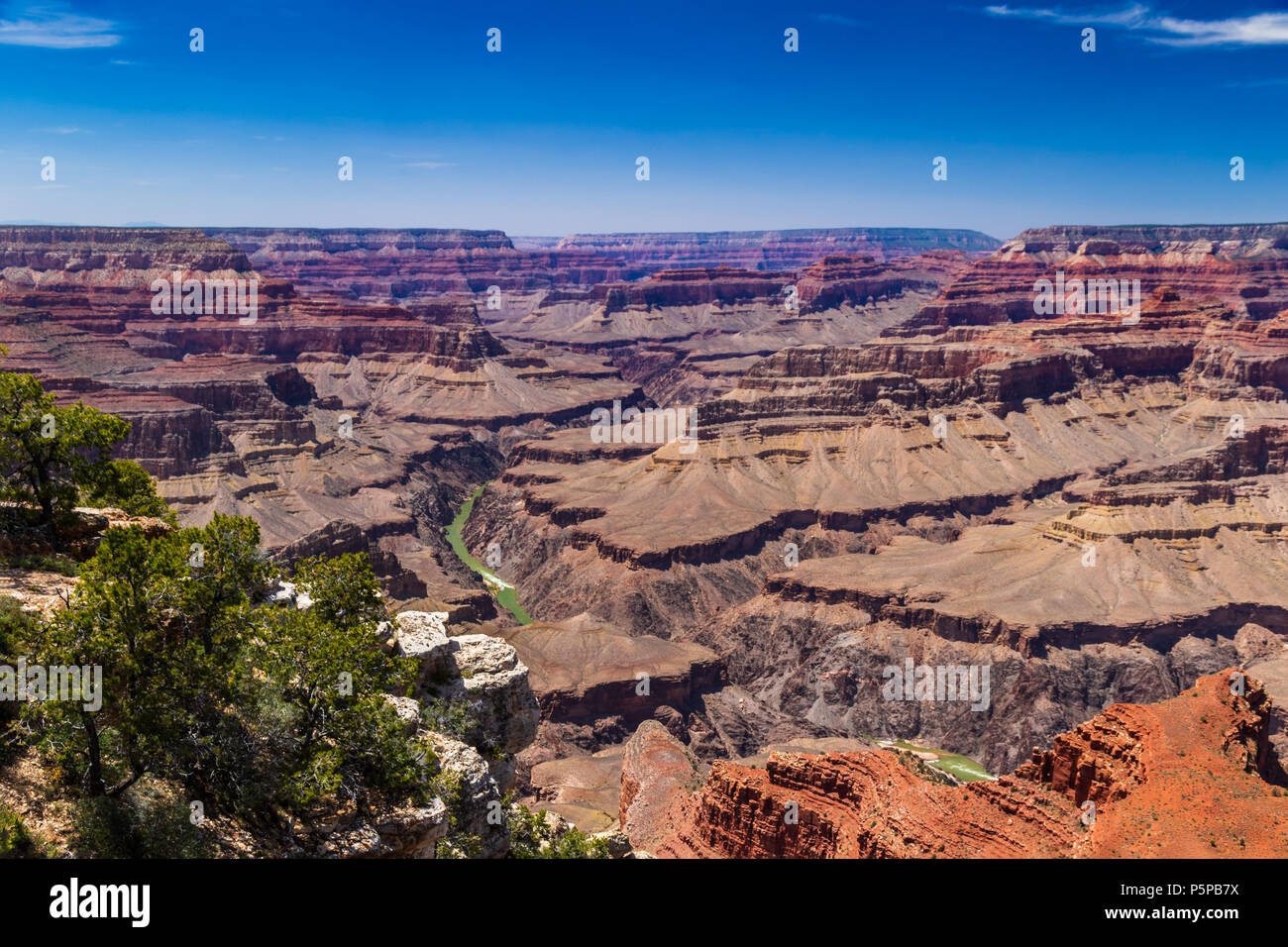 Panoramic view of the Grand Canyon, looking westward from the South Rim; the Colorado River can be seen below. Stock Photo