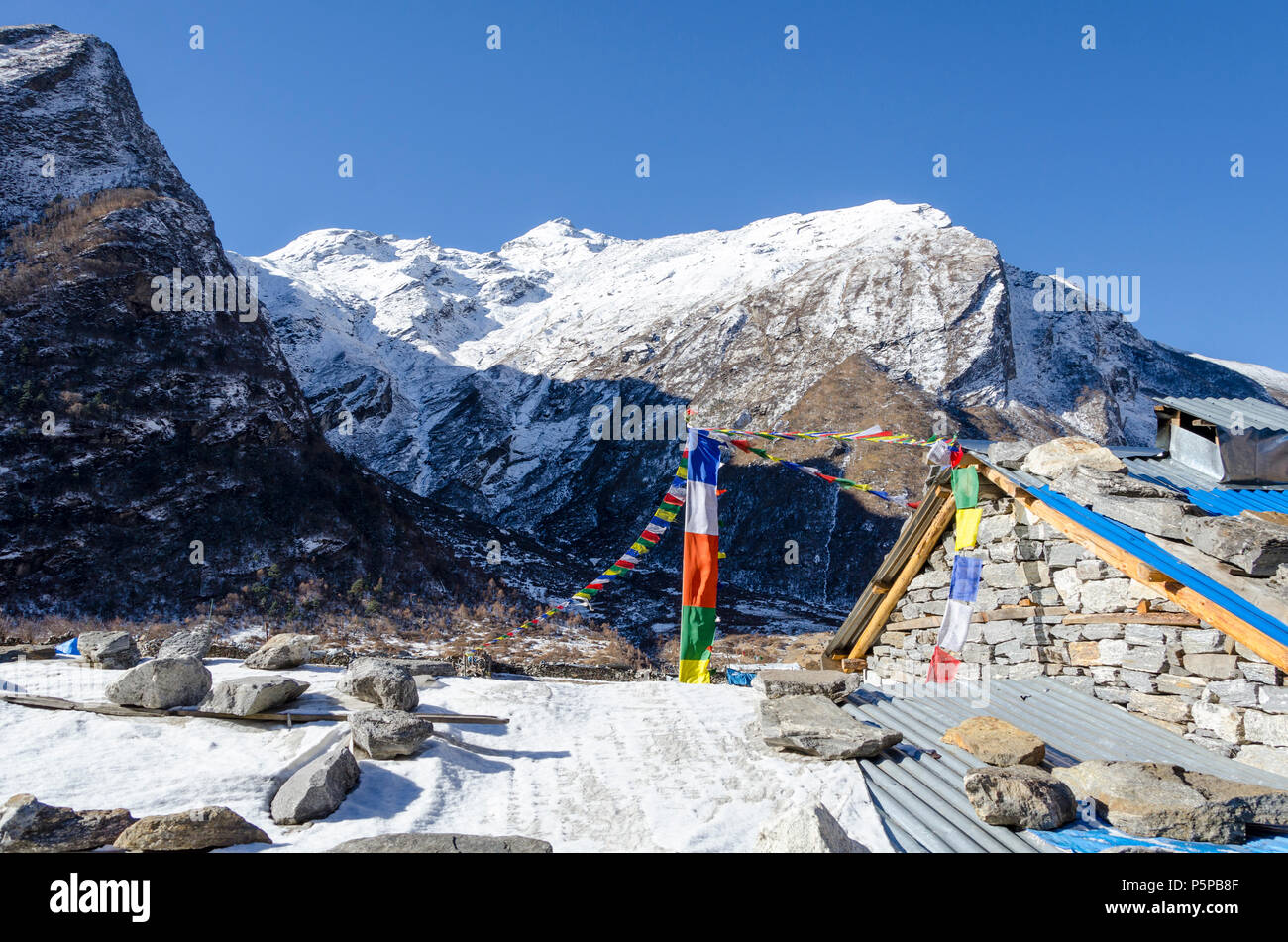 Rocks used to hold roof down, Mundu, Langtang Valley, Nepal Stock Photo