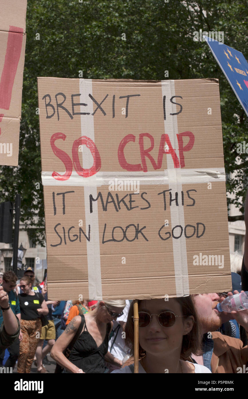 People's Vote March, London, UK, 23rd June 2018. Banner: Brexit is so crap it makes this sign look good. Stock Photo