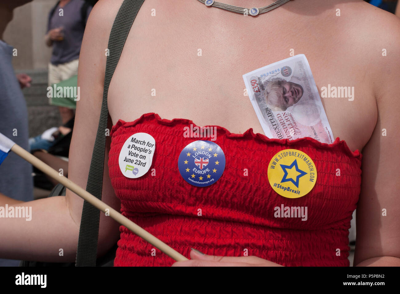 People's Vote March, London, UK, 23rd June 2018. Boris Johnson bank note: £350 million, and stickers. Stock Photo