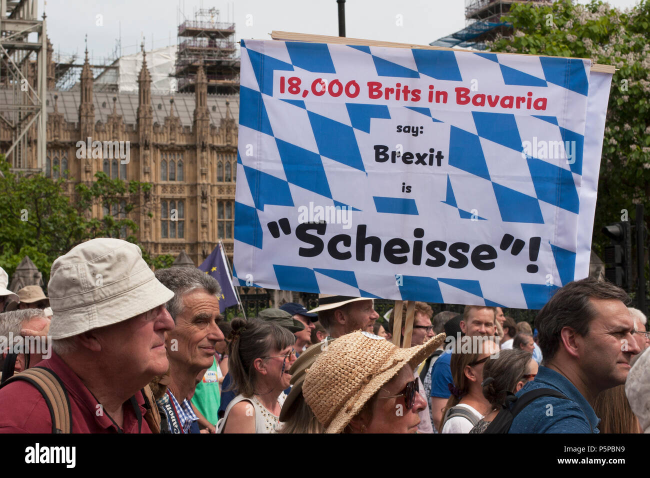 People's Vote March, London, UK, 23rd June 2018. Banner: 18,000 Brits in Bavaria say Brexit is “Scheisse”! Stock Photo
