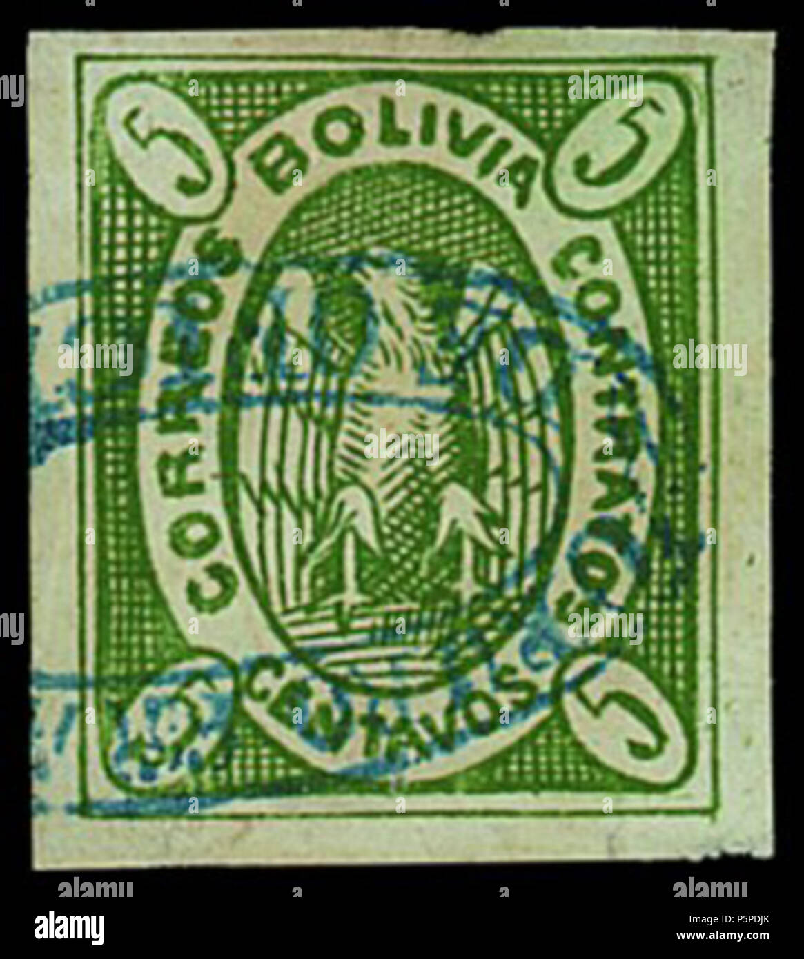 N/A. English: Bolivia 1867 5c yellow green Condor, SG 1, with blue oval town cancel. 1867. Government of Bolivia 218 Bolivia 1867 5c yellow green Condor with blue oval town cancel. Stock Photo