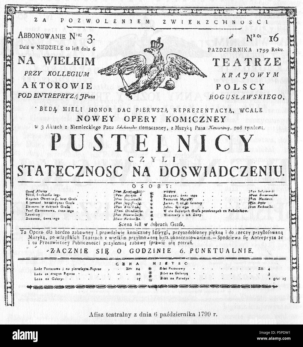 N/A. Polski: Afisz teatralny z dnia 16 padziernika 1799 r. between 1900 and 1903.   Zygmunt Gloger  (1845–1910)       Description Russian historian, archaeologist, geographer and ethnographer  Date of birth/death 3 November 1845 16 August 1910 / 15 August 1910  Location of birth/death Tybory-Kamianka Warsaw  Authority control  : Q245332 VIAF:69054213 ISNI:0000 0001 2027 9297 LCCN:n85129339 NLA:35956234 Open Library:OL673718A WorldCat 65 Afisz4 Stock Photo