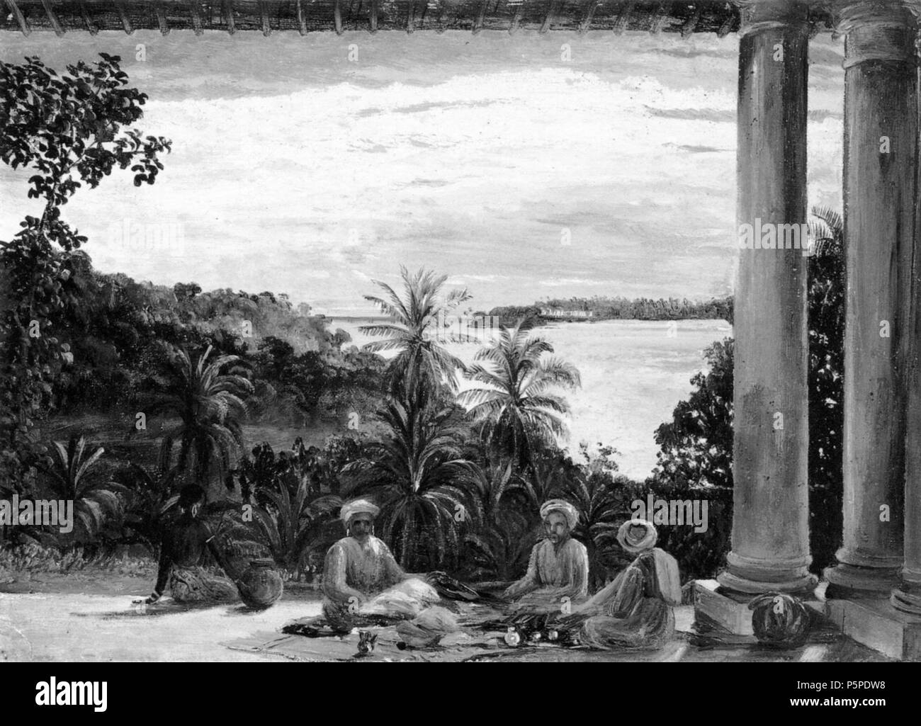 N/A. Bombay Pedlars on Mrs Cameron's Verandah, Kalutara. Oil on paperboard, 240 x 345mm (9 1/2 x 13 5/8'). January 1877. Marianne North 219 Bombay Pedlars on Mrs Cameron's Verandah, by Marianne North Stock Photo