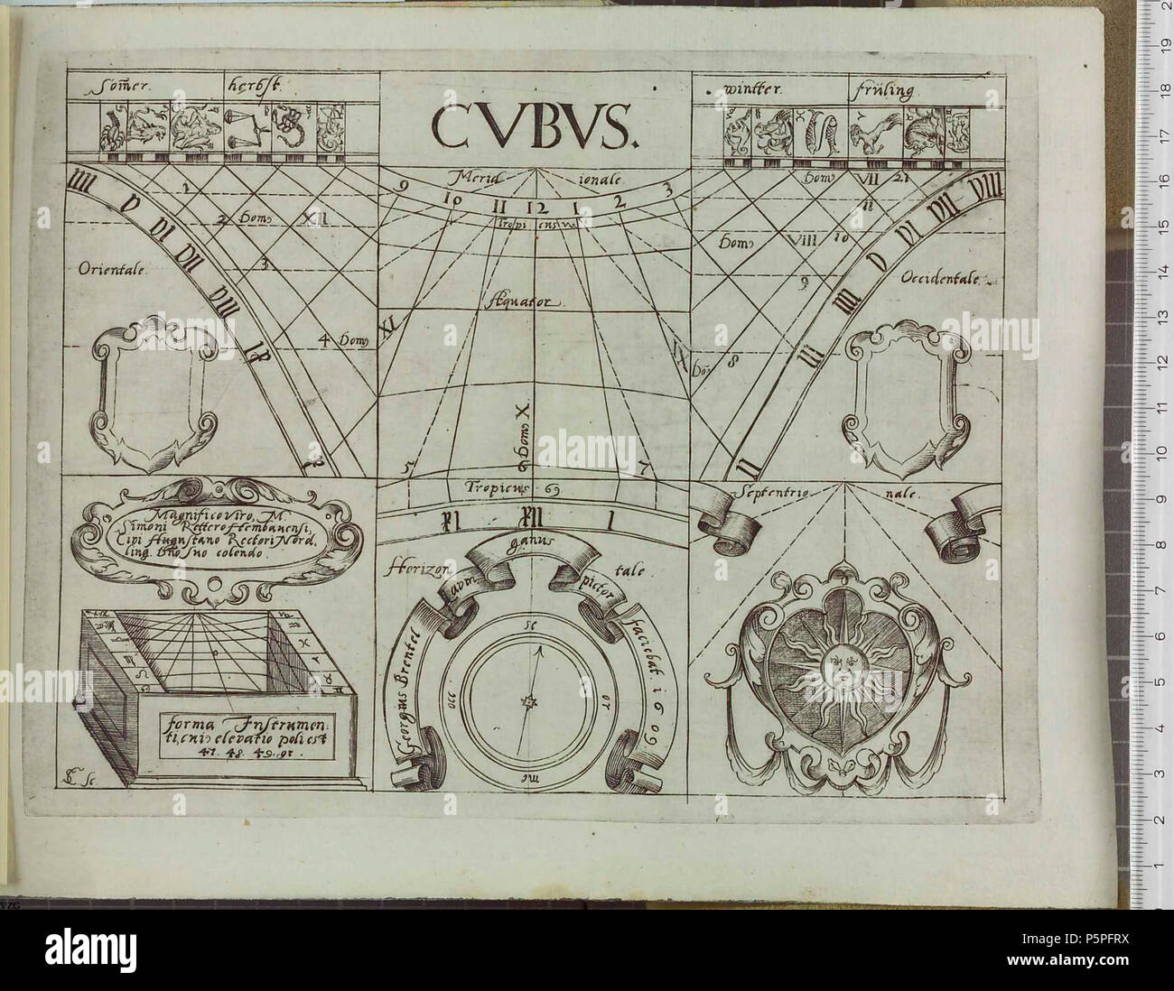 N/A. 'Kurtzer Bericht und Erklärung diser in Kupffer gezeichneten SonnenUhr/ Cubus genandt, Lauingen 1609' . 1609.   Georg Brentel der Jüngere  (1581–1634)     Alternative names Georgius Brentel, Georgius Brenttel, Georg Brendel, Georg Brändel, Georg Prent  Description German draughtsman and engraver  Date of birth/death 1581 7 November 1634  Location of birth/death Lauingen Nördlingen  Work period 1603-1619  Authority control  : Q17574875 VIAF:35402461 ISNI:0000 0000 1376 8044 GND:124938949 Koninklijke:238478343 234 Brentel Sonnenuhr Cubus 2 Stock Photo