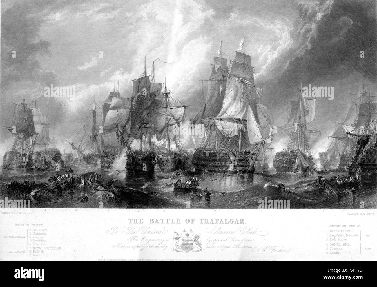 N/A. Battle of Trafalgar, engraving by William Miller (Miller paid £315-10-0 in viii-1839 for engraving), after Clarkson Stanfield, published in Finden's Royal Gallery of British Art, Published by the Proprietors, at 18 and 19, Southampton Place, Euston Square; sold by F. G. Moon, 20, Threadneedle Street, and Ackermann & Co., Strand, London, 1838-1849 . 1839.   William Miller  (1796–1882)     Alternative names William Frederick I Miller; William Frederick, I Miller  Description Scottish engraver  Date of birth/death 28 May 1796 20 January 1882  Location of birth/death Edinburgh Sheffield  Auth Stock Photo