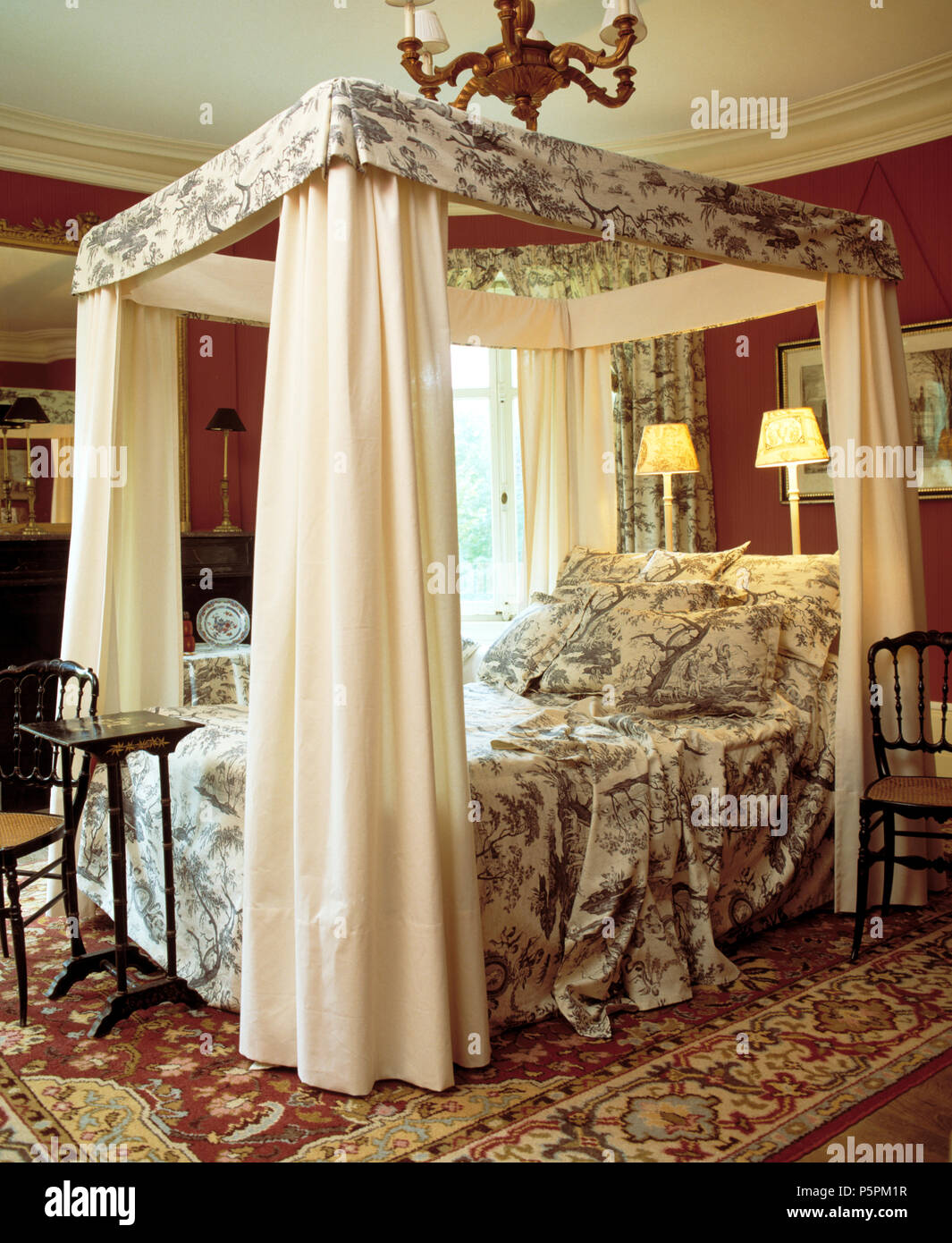 ToiledeJouy patterned bedcover and pillows on fourposter bed with