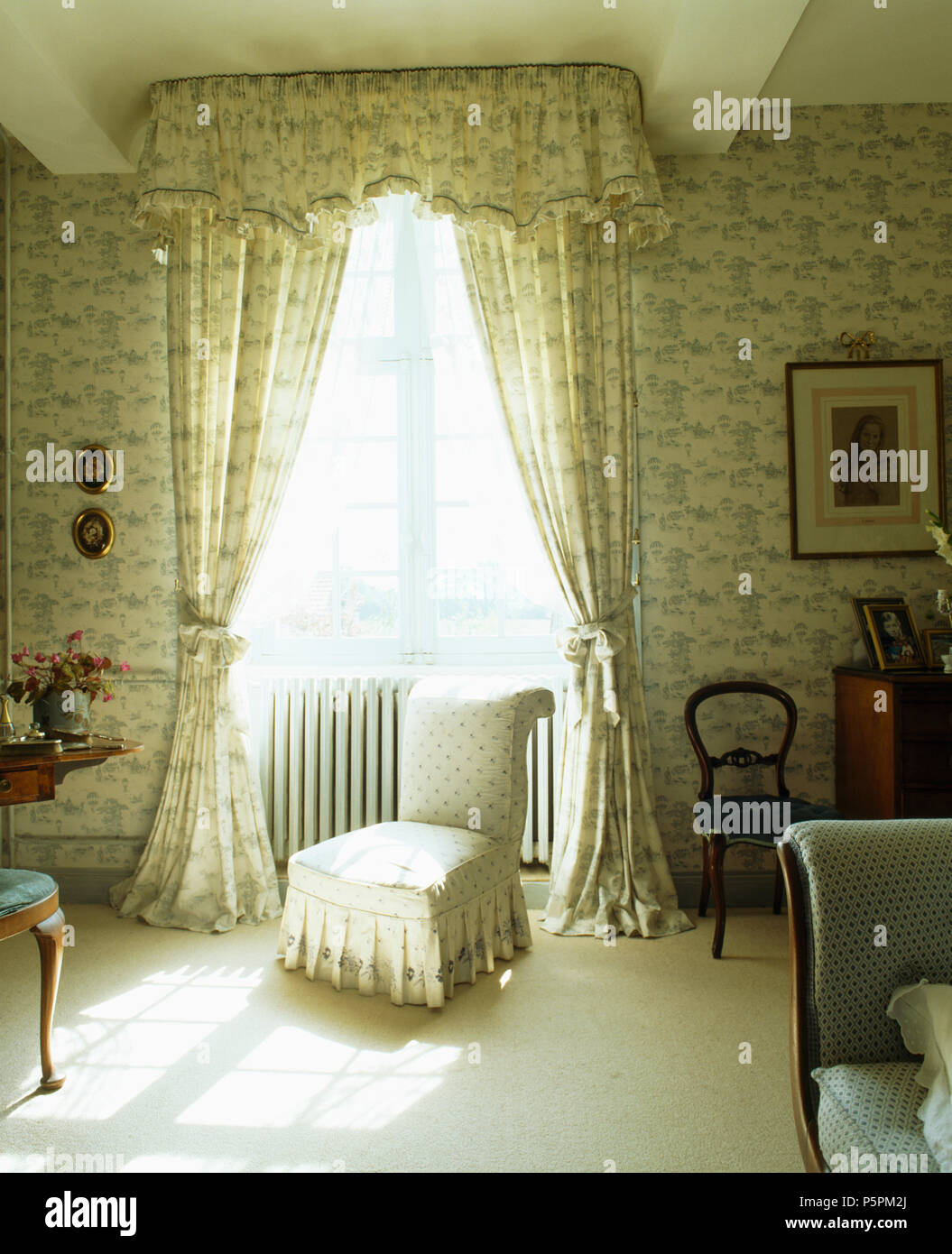 Co Ordinating Curtains And Wallpaper In A French Counbtry Bedroom