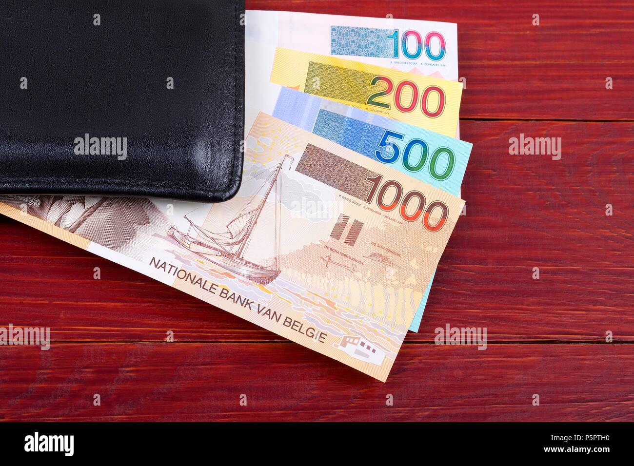 Money from Belgium in the black wallet Stock Photo