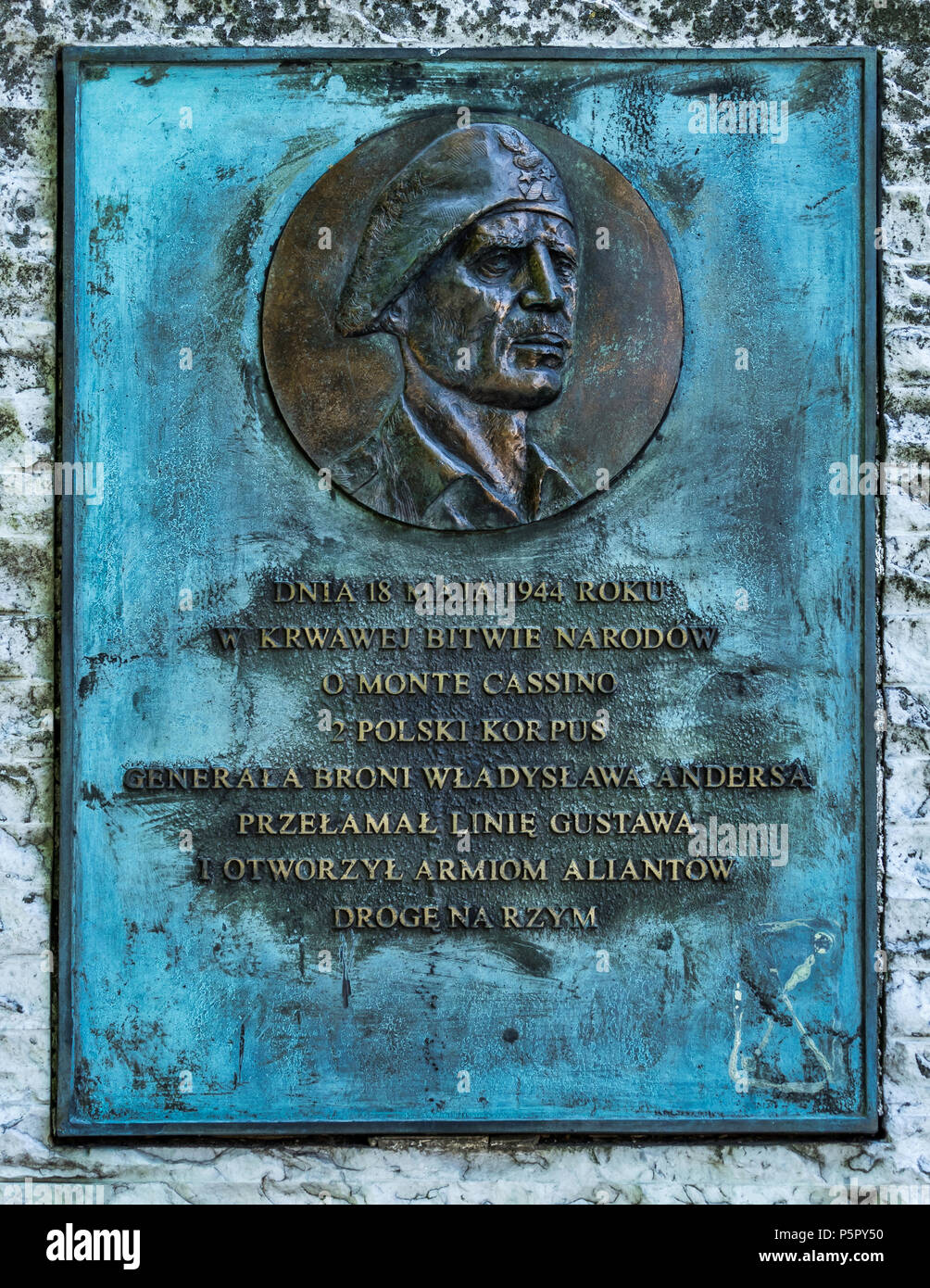 Commemorative plaque dedicated to General Wladyslaw Anders (1892-1970), part of the Battle of Monte Cassino Memorial in the Polish capital - Poland. Stock Photo