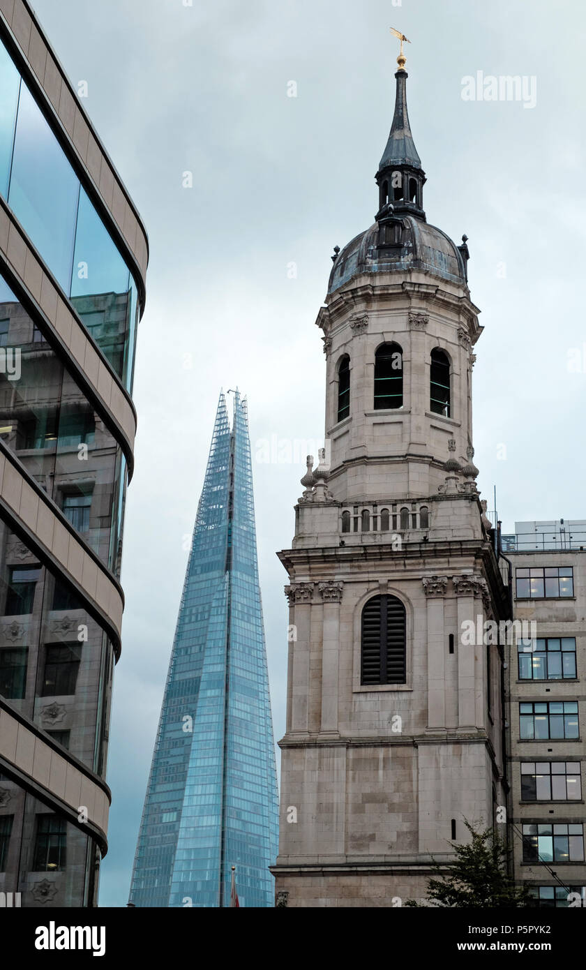 The Shard & St Magnus the Martyr Church in the City of London, England, UK. Contrasting old & new architecture. Portrait, copy space, without people. Stock Photo