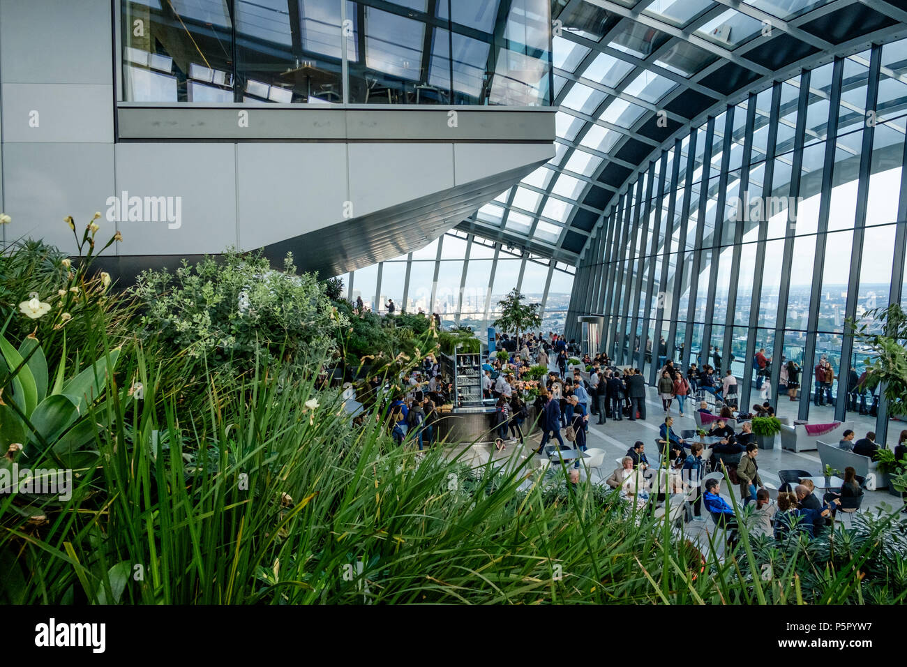 People socializing, taking refreshments and enjoying the view at  the Sky Garden, 20 Fenchurch St. Known as the Walkie Talkie. Foliage in foreground. Stock Photo