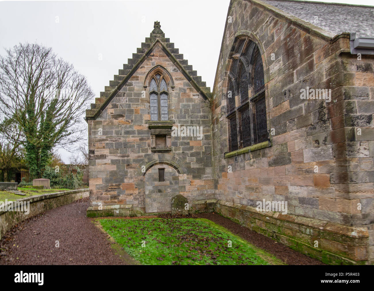 The abbey in Culross, Scotland - old mysterious ruins in the colorful village during autumn time. Stock Photo