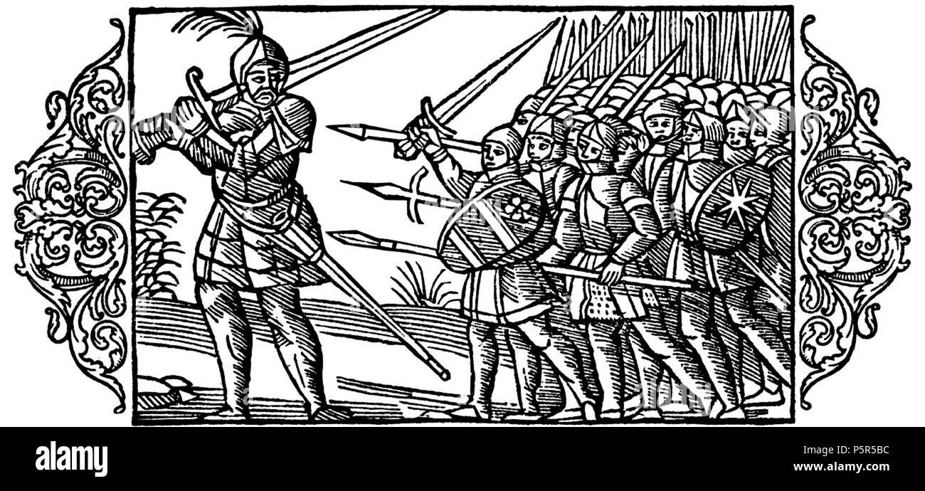 N/A. The woodcut illustrates the story tale how Starkaðr helped the Norwegian king Helge to fight against nine unjust fighters. From Olaus Magnus' 'Historia de gentibus septentrionalibus'. 1555. User:Skadinaujo 431 Defence of the oppressed - Olaus Magnus 1555 Stock Photo