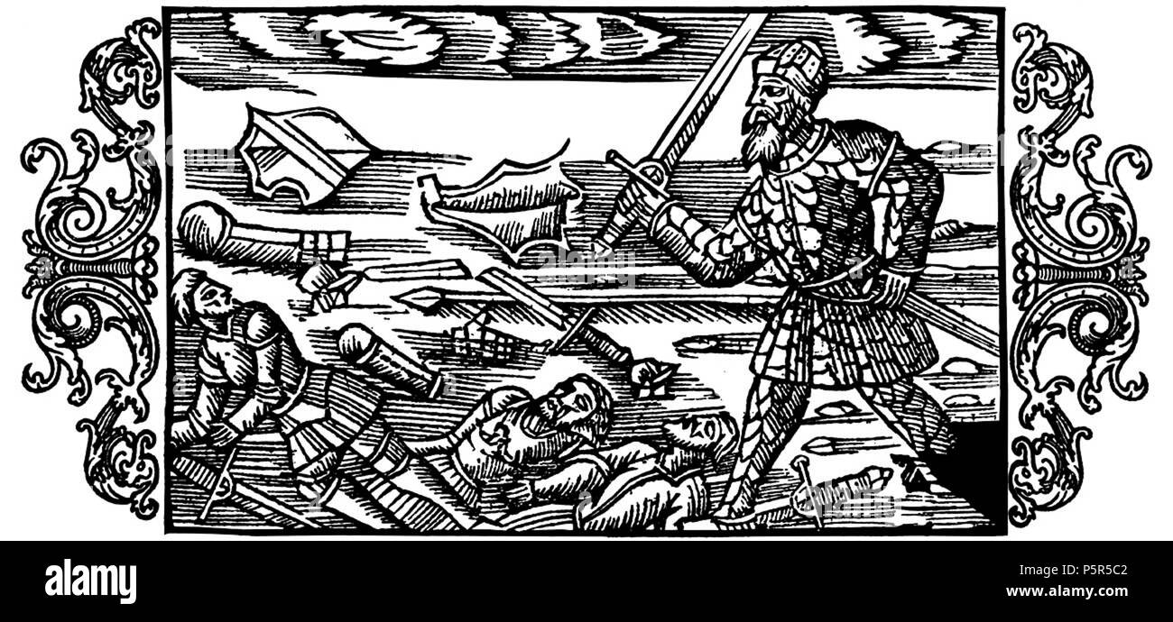 N/A. Starkaðr stands a the victor on a battlefield full of dead bodies, cut limbs, broken weapons and pieces of suits of armour. From Olaus Magnus' 'Historia de gentibus septentrionalibus'. 1555. User:Skadinaujo 56 Achievement of Starkater - Olaus Magnus 1555 Stock Photo
