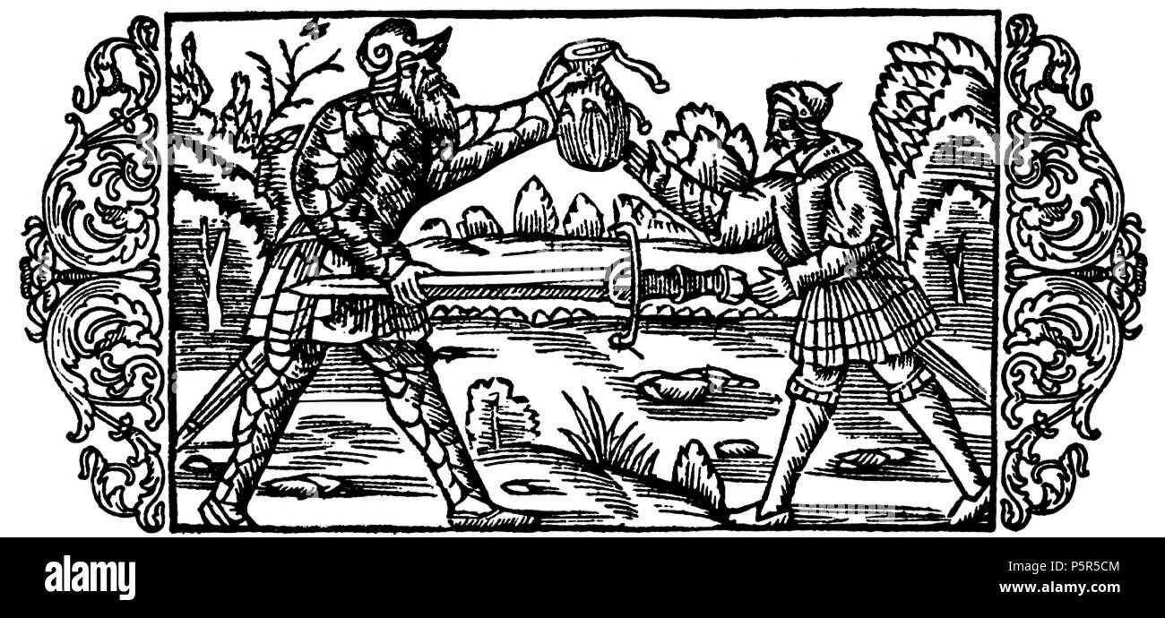 N/A. To the left we see Starkaðr, old and tired of living, hands over his sword and an amount of gold to Hather. Starkaðr has once killed Hathers father. Now Starkater persuades Hather to kill him. From Olaus Magnus' 'Historia de gentibus septentrionalibus'. 1555. User:Skadinaujo 430 Death of Starkater - Olaus Magnus 1555 Stock Photo