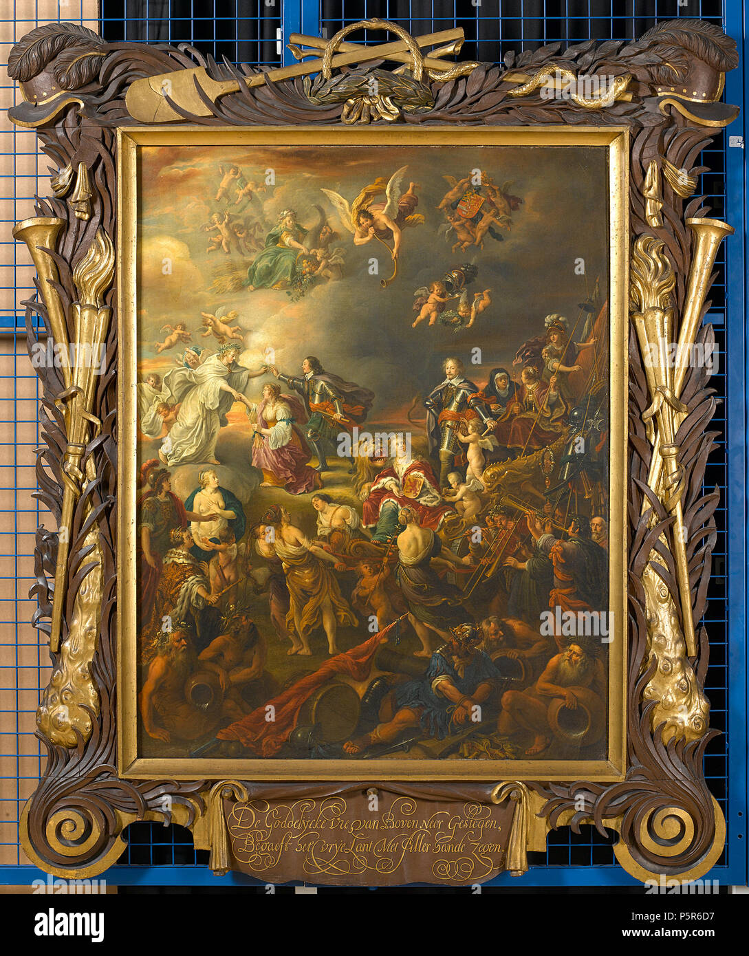 Allegory of the Peace under Stadtholder William II . Allegory of the Peace under Stadtholder William II. From the right the triumphal chariot of Concord with Frederick Henry, Prince of Orange, is being pulled in by four virgins (Righteousness, Pride, Justice and Prudence). On the chariot Frederick Henry is accompanied by allegories of Freedom, Religion, Victory and the Dutch Republic as well as the Dutch Lion. To the right the chariot is being followed by musicians. Three godesses (Minerva, Venus and Juno) are lying in wait for the chariot. Bottom right War is lying on the ground chained in be Stock Photo