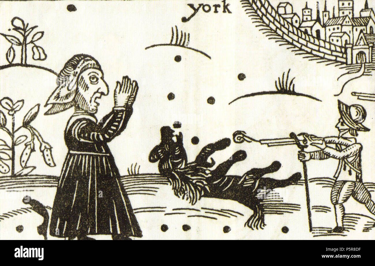 N/A. English: A contemporary woodcut of the death of Boye, Prince Rupert's dog, at the Battle of Marston Moor. Boye is shot by a musketeer as a witch looks on. circa 1644. English Civil War era woodcut artist 228 Boye Marston Moor Stock Photo