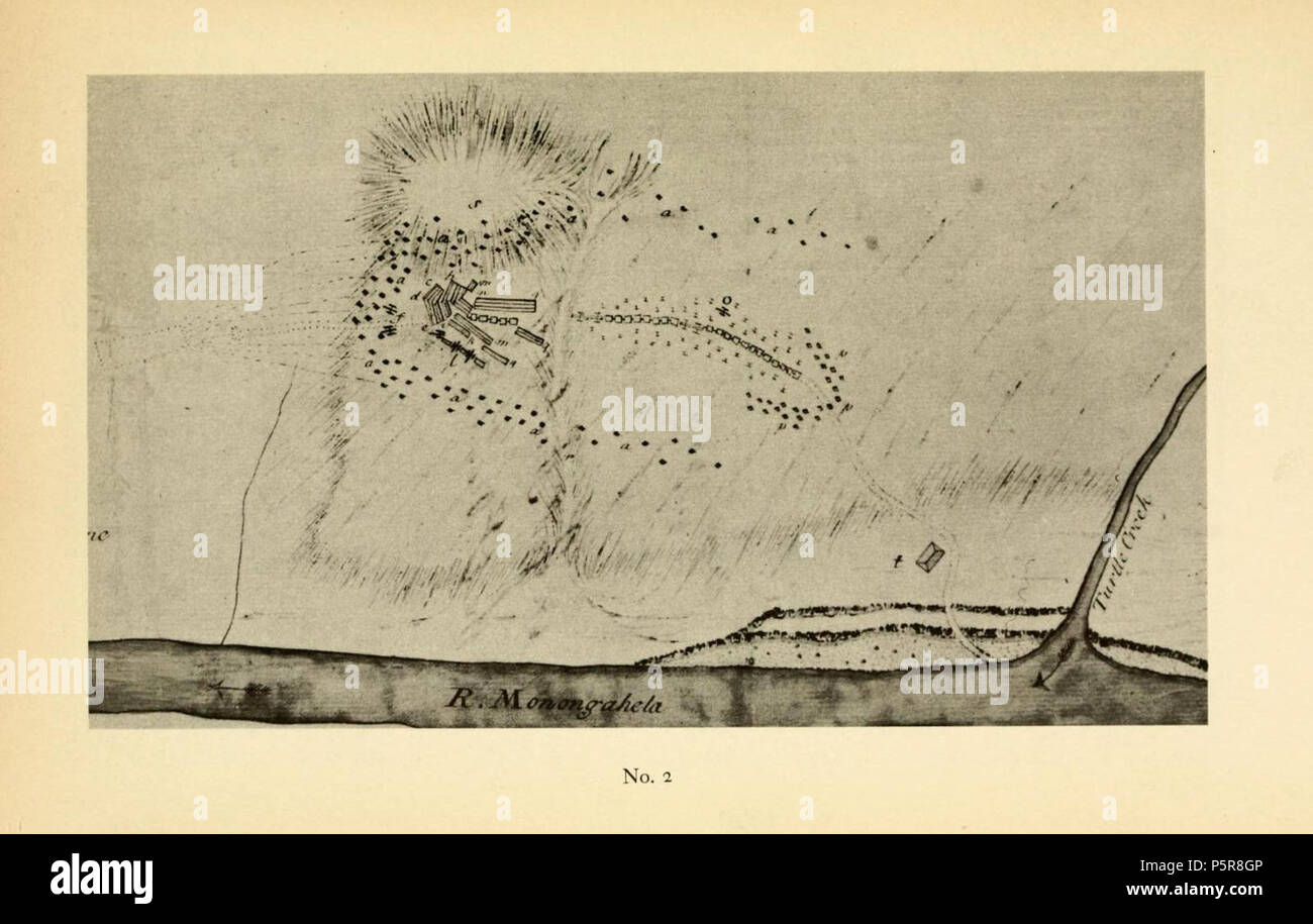 N/A. English: Sketch of the Battle of the Monongahela (1755): A Sketch of the Field of Battle &c, shewing the Disposition of the Troops about 2 a Clock when the whole of the main Body had joined the advanced and Working Partys, then beat back from the Ground they occupied as in Plan No. 1. Explanation a, The French and Indians skulking behind Trees round the Brittish f, The two Field Pieces of the advanced Party now abandoned c, d, e, h, i, k, m, n, q, The whole Body of the British joined, with little or no order, but endeavouring to make Fronts towards the Enemys Fire 1, the three 12 pounder  Stock Photo