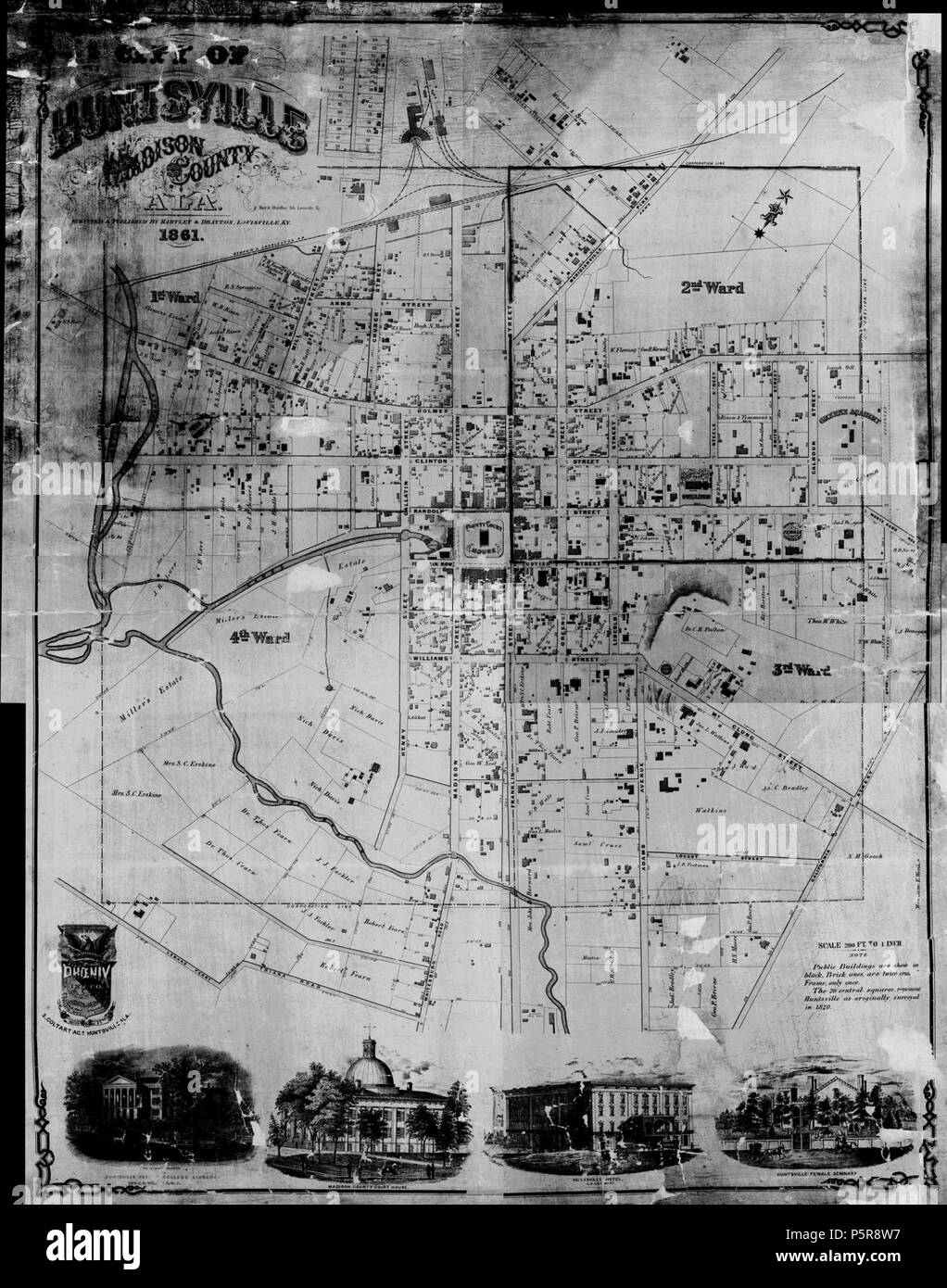 1861 map of Huntsville, Alabama. Stock Photo