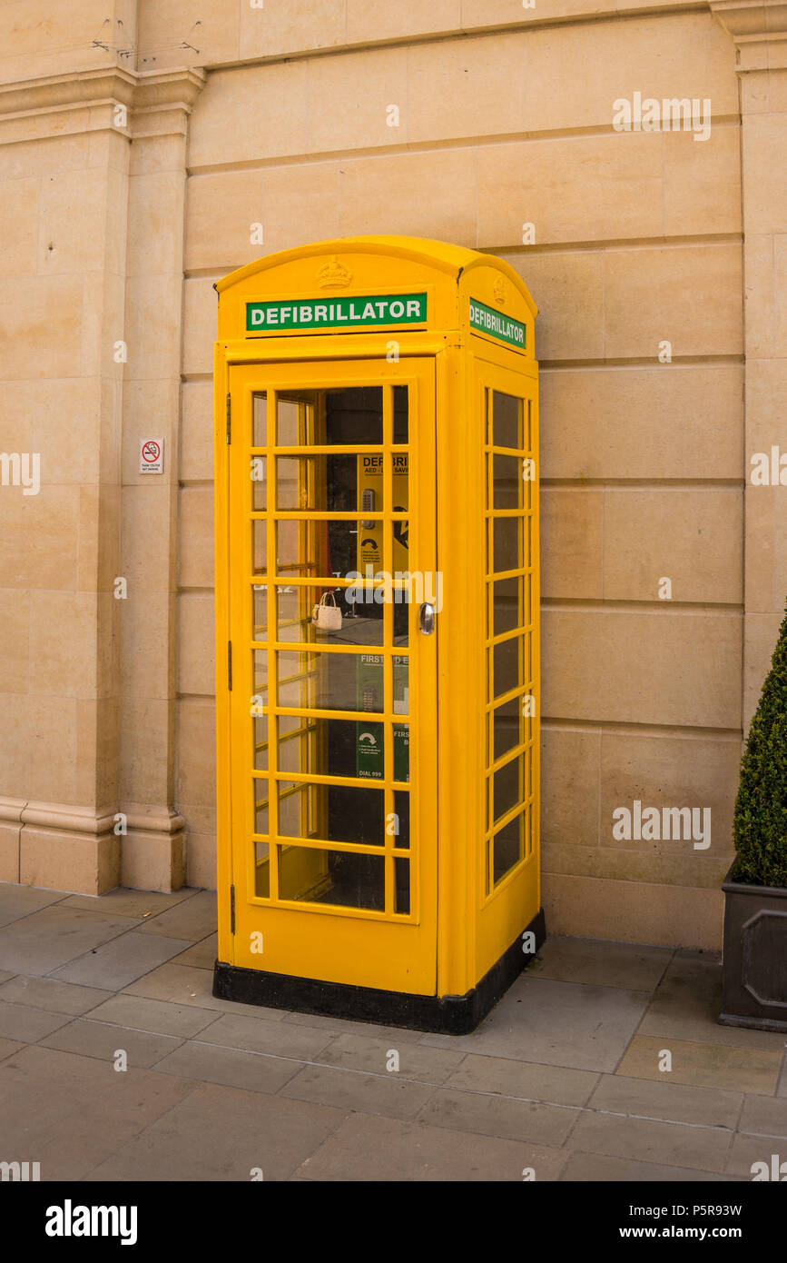 Disused telephone box now converted to Defibrillator station for emergency, Bath, Somerset, UK Stock Photo