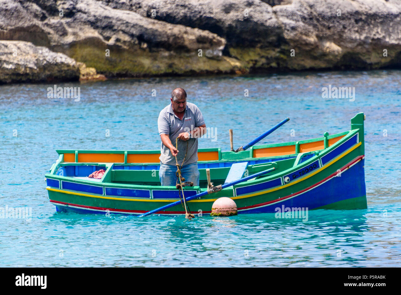 A fisherman rows his traditional Maltese rowing boat out in Xlendi bay to collect lobster cages. Stock Photo