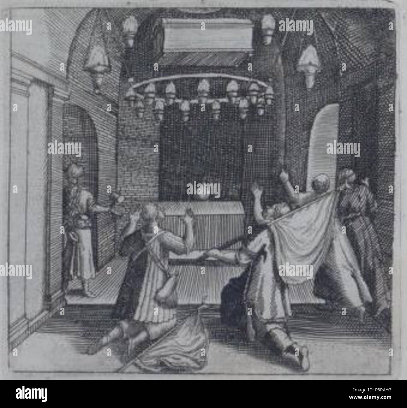 N/A. English: Depection of Al-Masjid al-Nabawi, showing supposed swindle. The metal coffin of Mohammed is hanging in the air, but this is caused by 'several large pieces of magnetic stones' . 1640. Broer Jansz 239 BroerJansz1640Mahomet9 Stock Photo